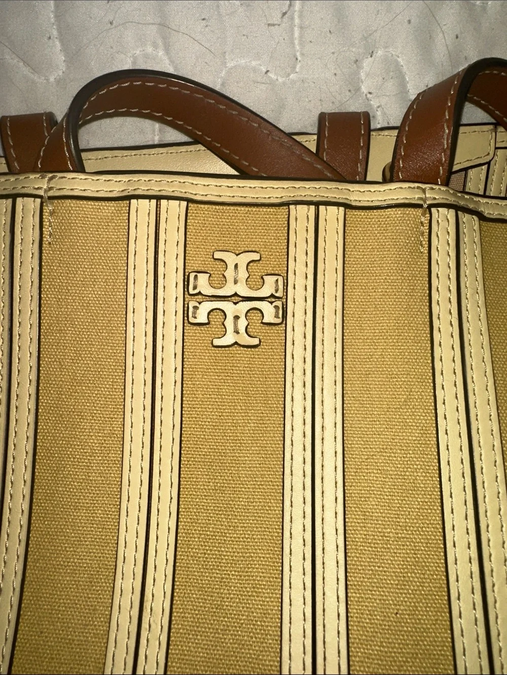 Tory Burch Mustard and Cream Striped Canvas Tote with Brown Handles